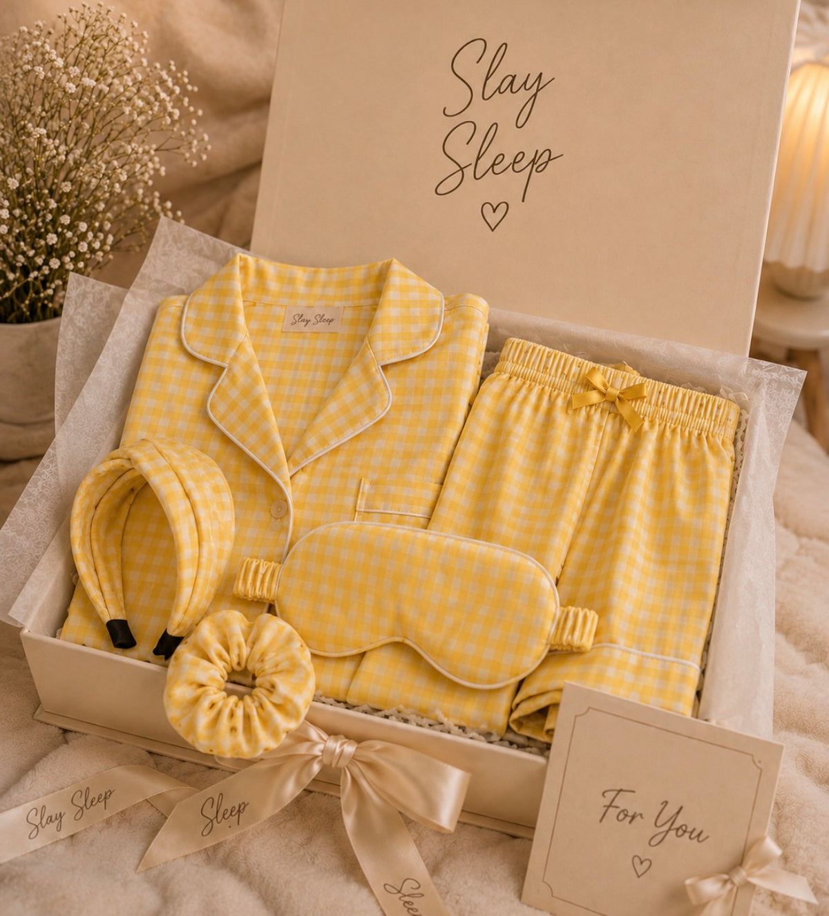 Sunshine Yellow Gingham Satin Gift Box Nightsuit Set