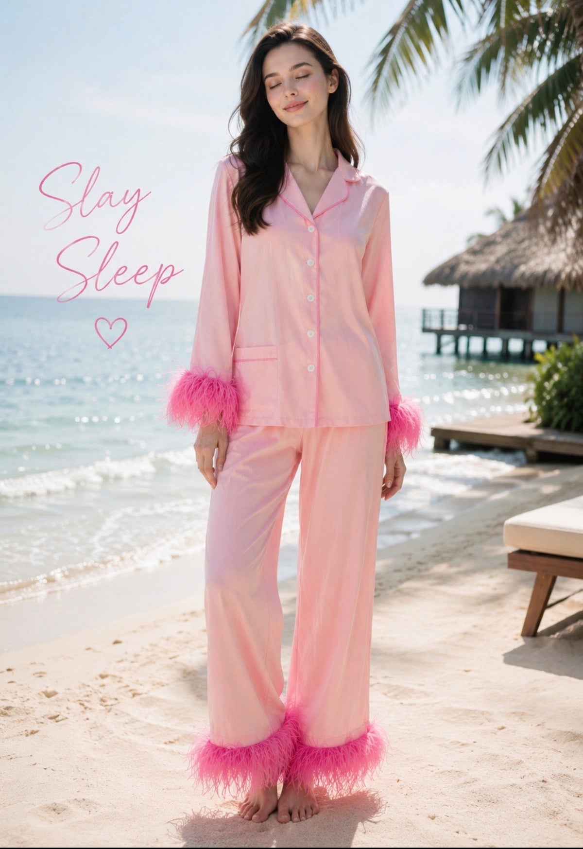 Blush Pink Luxe Satin Feather Nightsuit Set