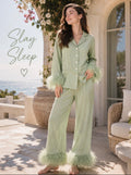 Sage Green Luxe Satin Feather Nightsuit Set