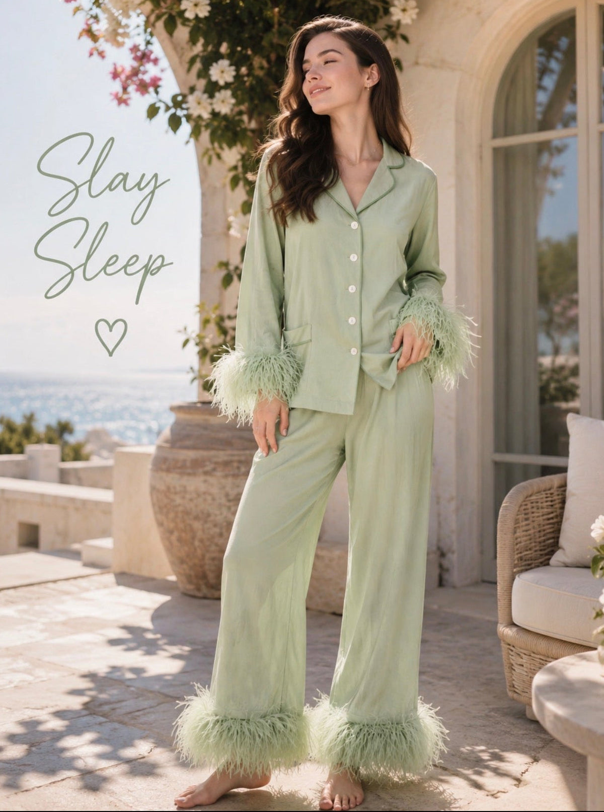 Sage Green Luxe Satin Feather Nightsuit Set