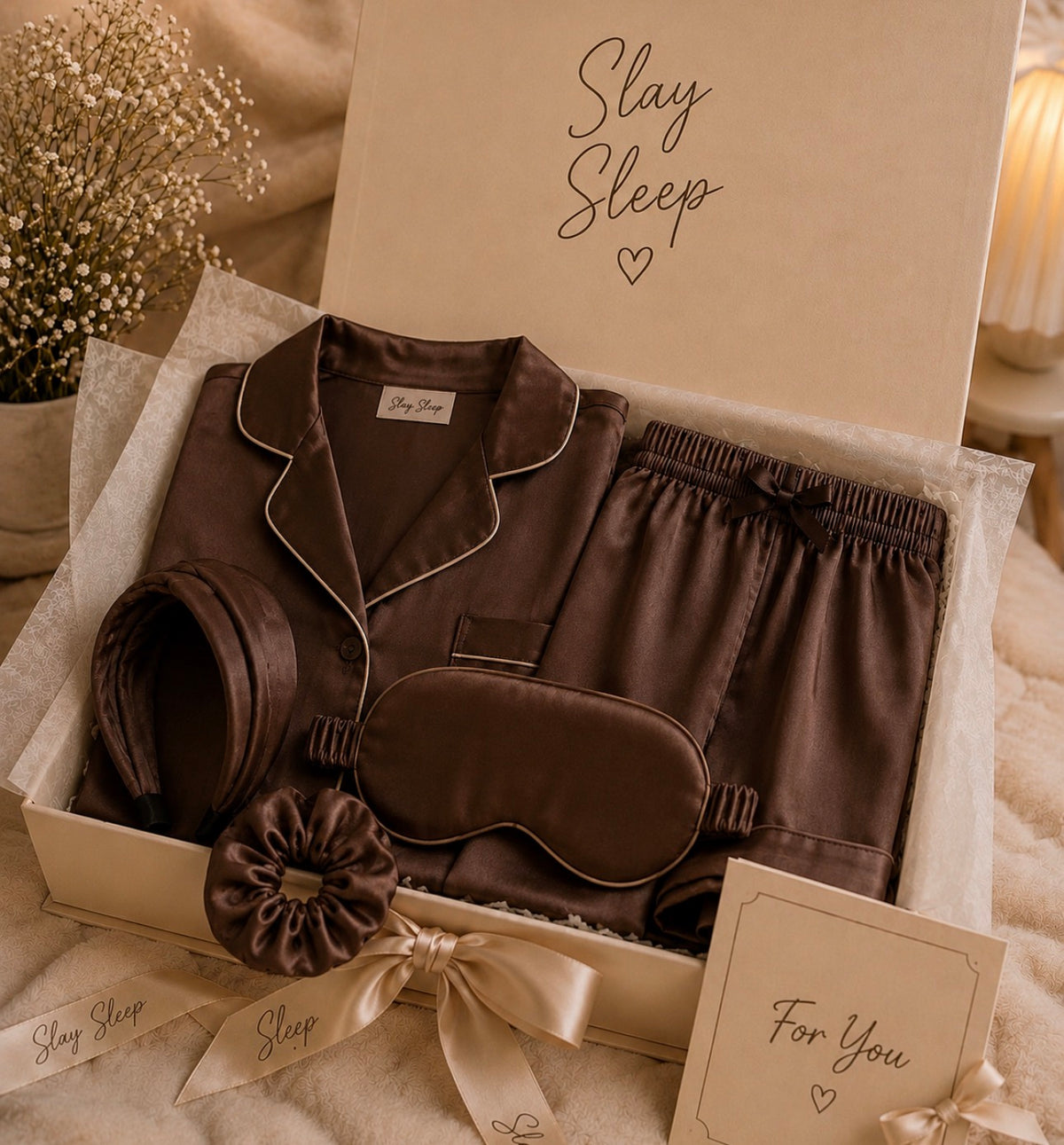 Mocha Brown Luxe Satin Gift Box Set.